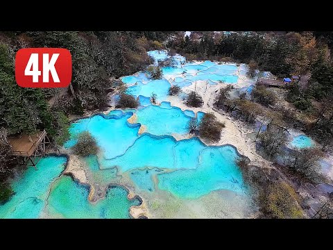 HUANGLONG National Park (China, Sichuan) at an astonishing at 3,500m altitude. Best by DRONE (in 4K)