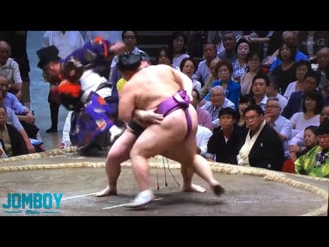 Sumo referee (gyoji) falls and cuts his face in the middle of a match, a breakdown