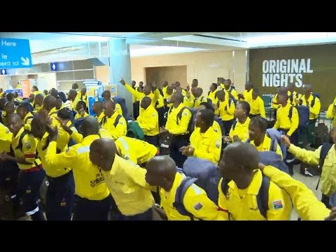 South African firefighters dance as they arrive in Alberta