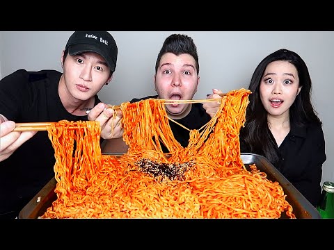 10 Packs Spicy Fire Noodle Challenge With Zach Choi And Stephanie Soo • MUKBANG