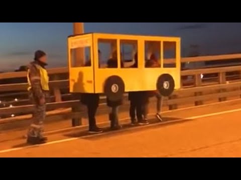 Watch: Russians dress up as a bus to cross vehicle-only bridge