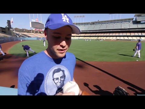 Snagging commemorative baseballs at Dodger Stadium