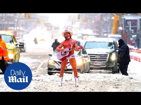 &#039;Naked Cowboy&#039; performs in Times Square after snow storm in New York