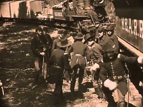 The iconic train scene from &#039;General&#039; by Buster Keaton, 1927