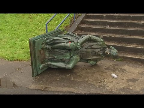 Demonstrators pull down Thomas Jefferson statue in front of Portland high school