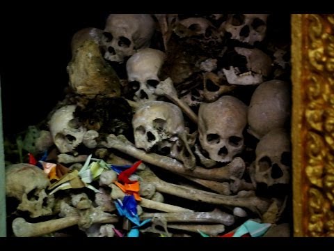 Human bones and skulls of butchered victims by the Khmer Rouge in the Killing caves of Phnom Sampeau