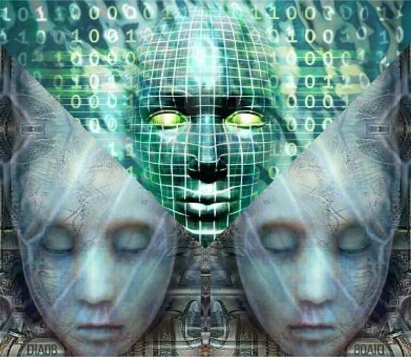 Three Cyberheads. Artificial Intelligence. After Dia Sobin.