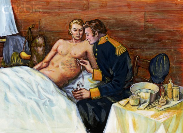 Illustration of Dr. William Beaumont Inserting Tube In Alexis St. Martin's Torso