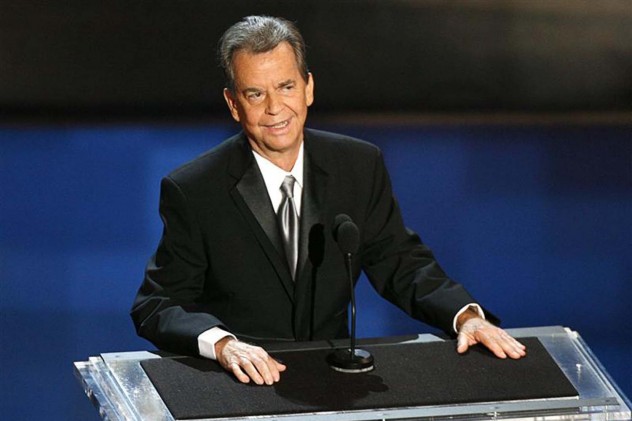 File photo of Clark standing onstage during a tribute to him at the 58th annual Primetime Emmy Awards in Los Angeles