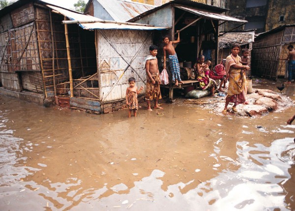 Floodwaters surrounding houses in Dhaka, Bangladesh