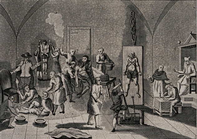 V0041650 The inside of a jail of the Spanish Inquisition, with a prie