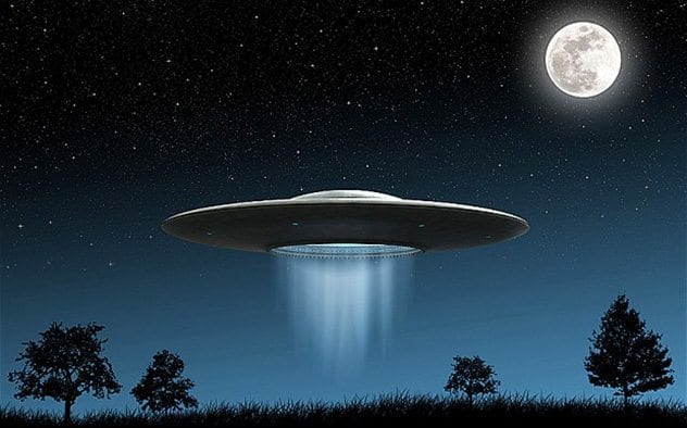 C7N27D 3d render of flying saucers ufo on night background