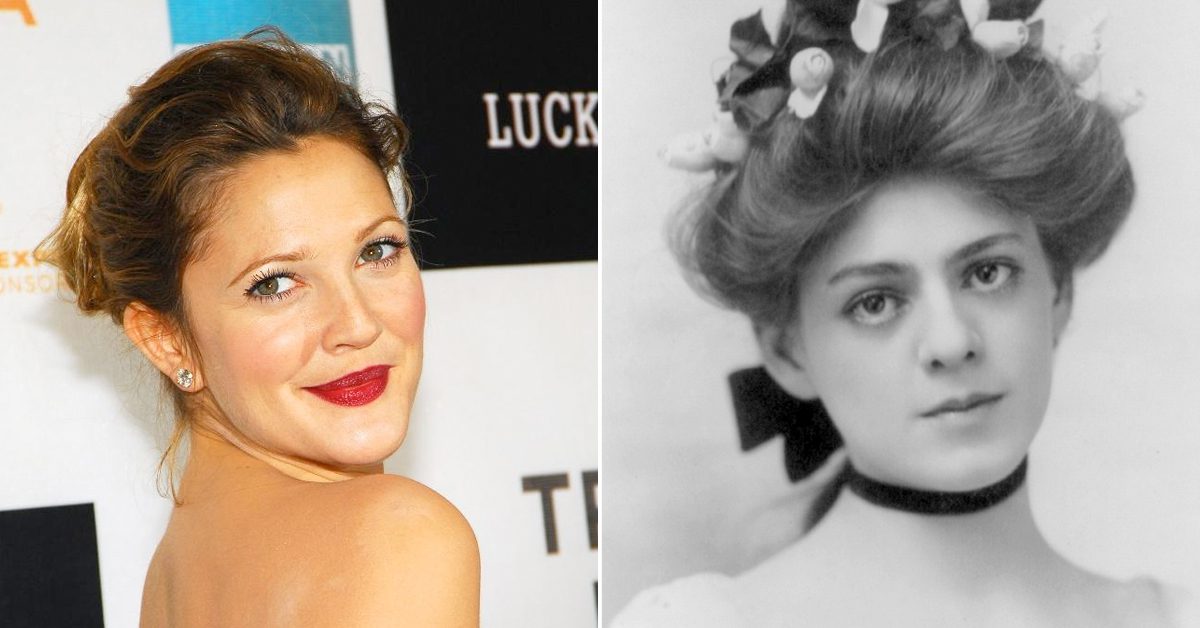A side-by-side comparison showing the strong physical resemblance between a young Ethel Barrymore and Drew Barrymore.