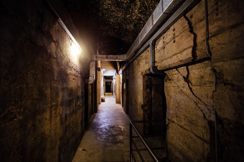 Dark and dusty cellar door, slightly ajar